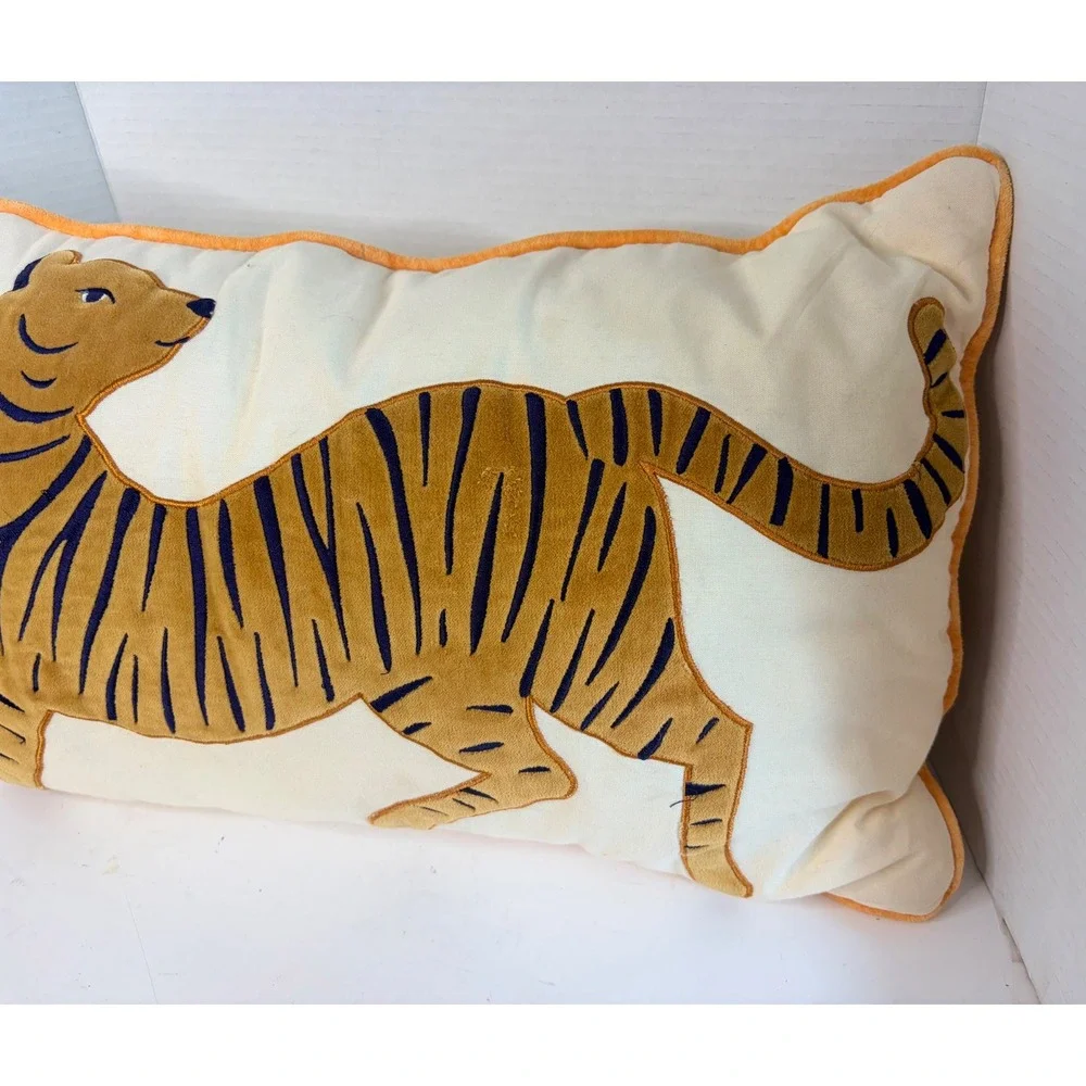 Tiger Embroidered Lumbar Throw Pillow Cream Orange Velvet Maximalist Moody